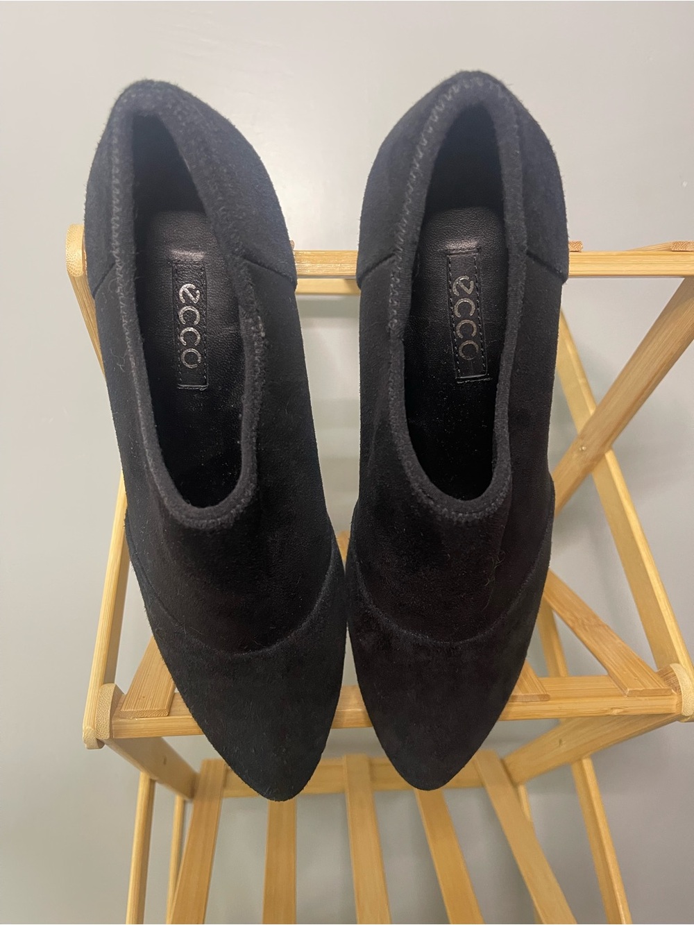 Ecco Black Suede Pointed Toe Slip-On Bootie Heels